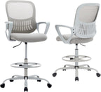 Drafting Chair for Standing Desk, Counter Height Adjustable, Flip-up Arms, Ergonomic Mid Back Mesh Rolling Work Swivel Office Computer Chairs with Wheels, Grey