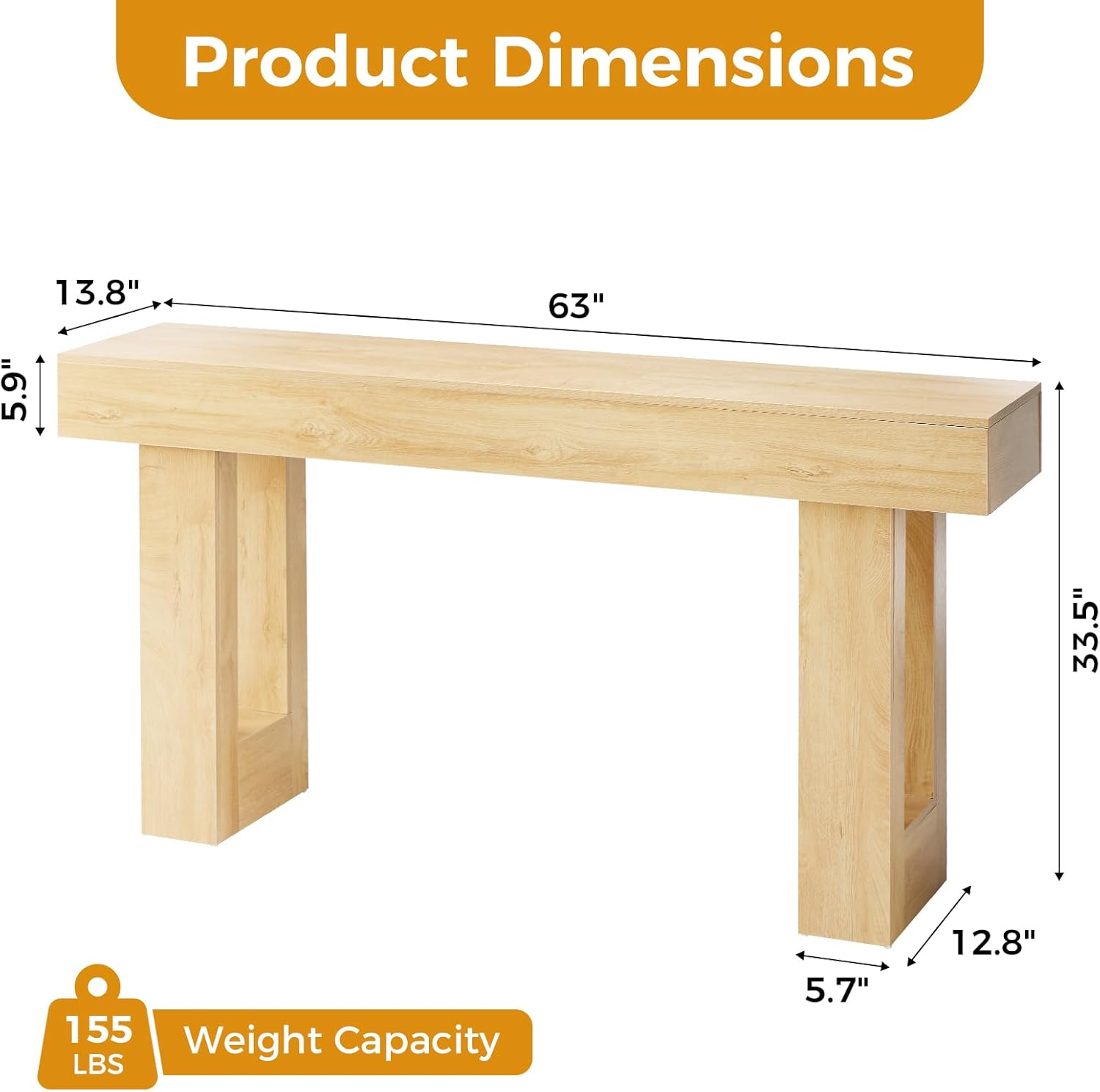 63-Inch Narrow Console Table, Sturdy Wooden Entryway Table with 5.9 Thick Top, Heavy Duty 155lbs Capacity, Space-Saving Sofa Table for Living Room, Hallway, Entrance, Foyer, Natural Wood