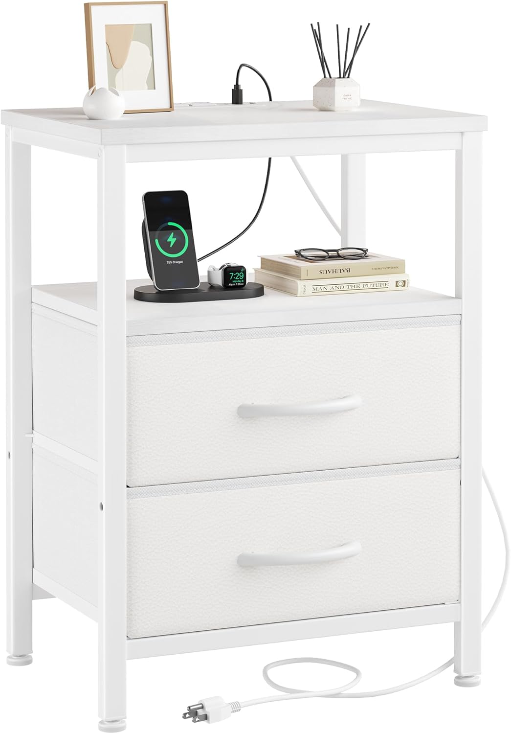 Nightstand Set of 2 with Wireless Charging Station Bed Side Tables with Adjustable Fabric Drawers 3-Tier Storage End Tables Modern Design,Black