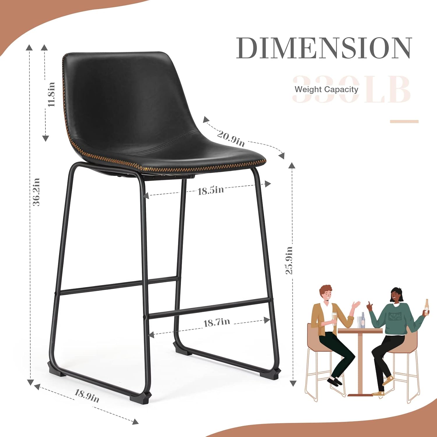 26 Inch Counter Height Bar Stools Set of 2, Modern Faux Leather High Barstools with Back and Metal Leg, Bar Chairs for Kitchen Island, Elegant Black