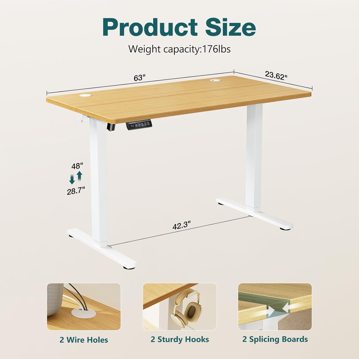 Electric Standing Desk Adjustable Height, 63x24 Inch Sit Stand Up Home Office Desks Memory Computer Workstation PC Work Table with Preset Splice Wood Board Metal Frame, Oak