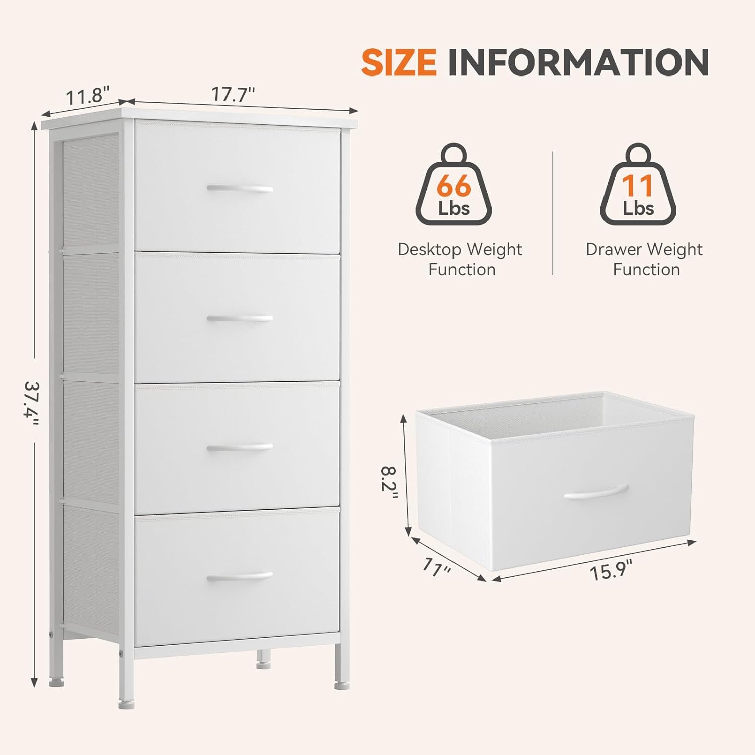 4 Fabric Drawer Small Dresser, Bedside Nightstand with Wooden Top Sturdy Frame, Entryway Closet Bedroom Storage Cabinet Furniture for Dorm,White