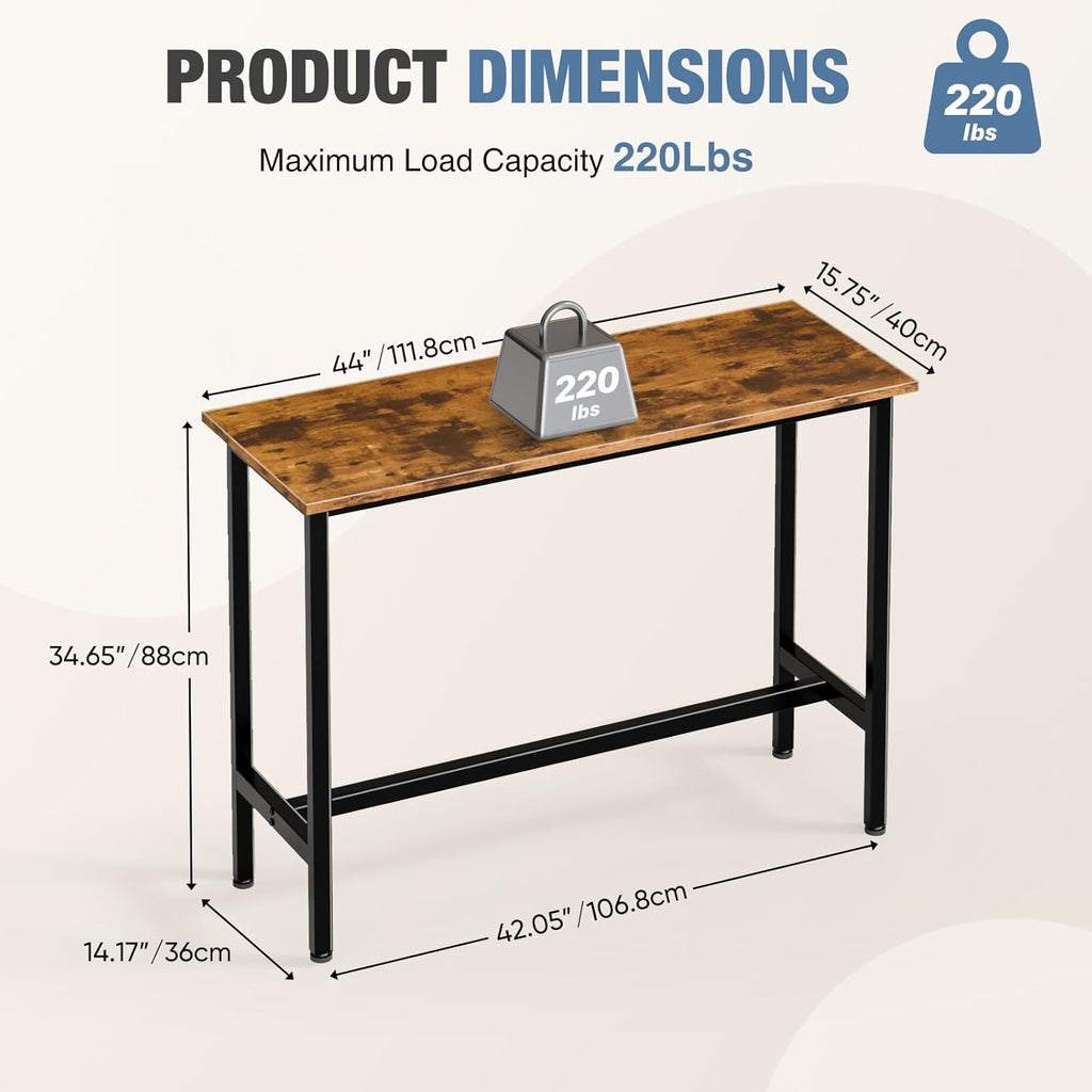 44 inch Bar Table, Counter Bar Height Pub Table, Rectangular High Top Coffee Table, Narrow Long Kitchen & Dining Counter Tables with Sturdy Metal Frame, Rustic Brown