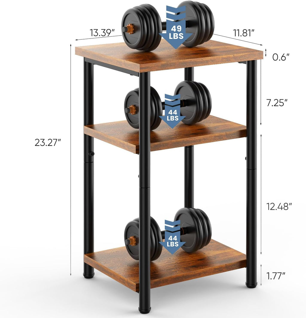 3 Tier End Table for Small Space, Side Sofa Tables Storage Shelf, Nightstand with Adjustable Feet for Living Room, Bedroom, Office, Set of 2, Rustic Brown