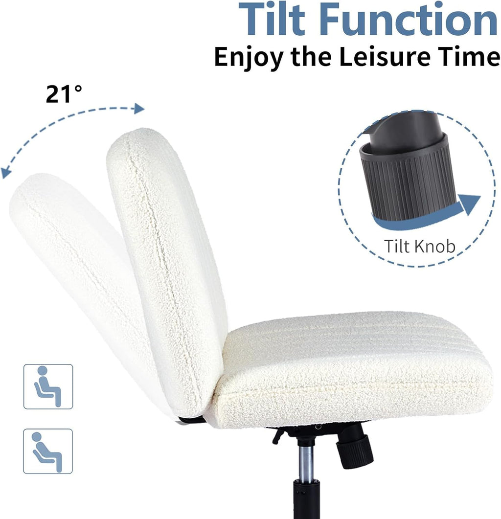 Criss Cross Chair No Wheels, Legged Office Desk Armless Chair Wide Seat, Adjustable Swivel Teddy Fabric Task Vanity Chairs for Home Bedroom, Beige