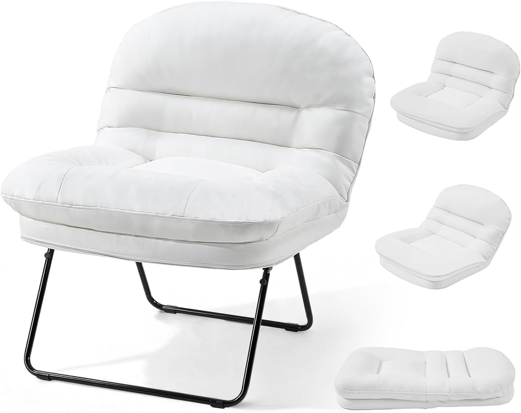 Comfy Saucer Chair,PU Leather Foldable Chairs for Bedroom, Dorm & Gaming, Fashion Floor Chair with Back Support for Small Spaces,Snow White