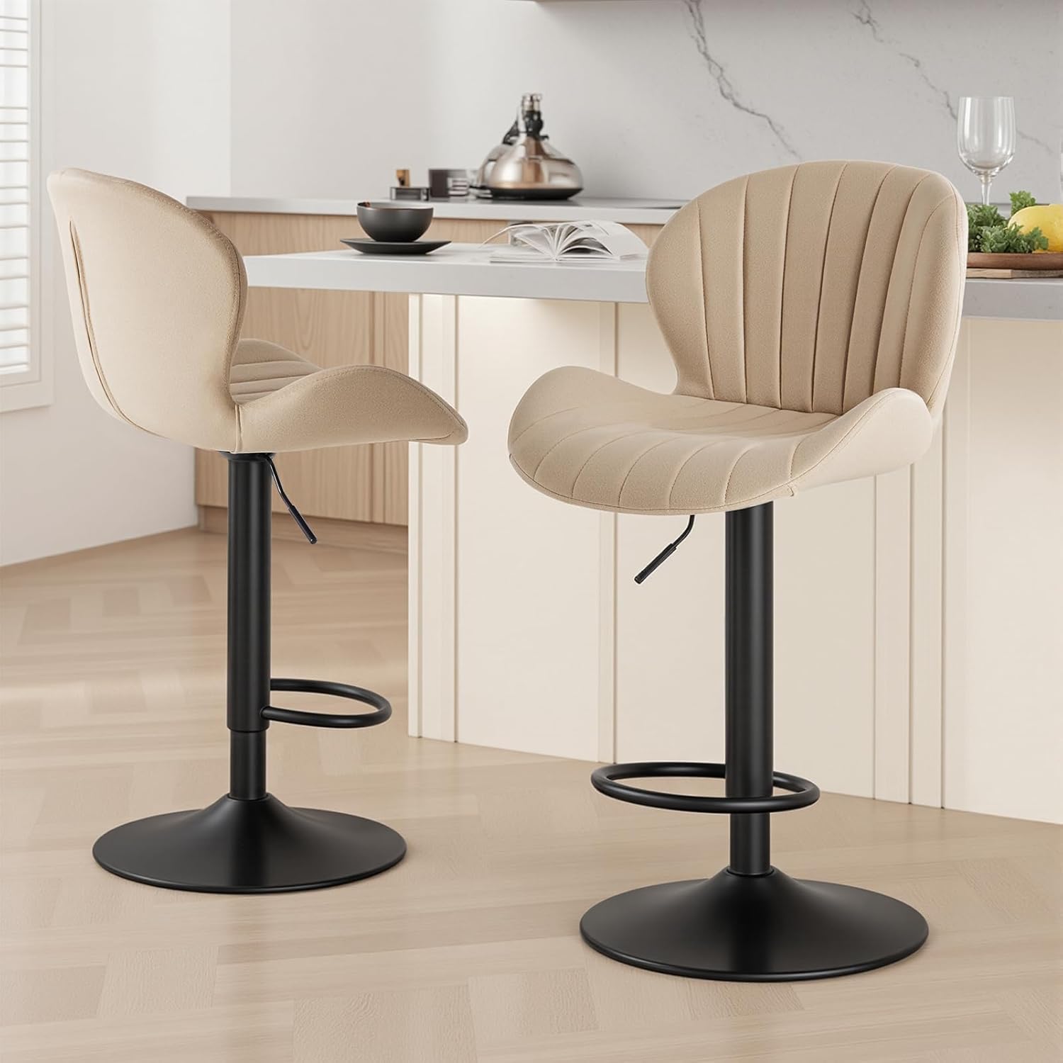 Modern Bar Stools Set of 4, Adjustable Faux Leather Upholstered Swivel Bar Stools, Counter Height Bar Chairs with Back for Kitchen Island, Grey