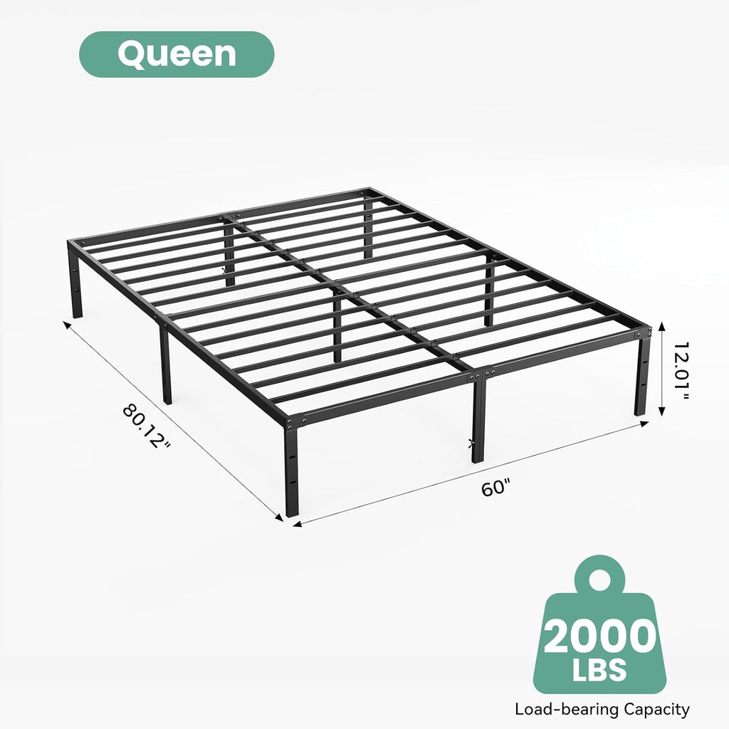 Queen Size 12 Inch Platform Bed Frame, Heavy Duty Metal Foundation Frame, Noise-Free Sturdy Steel Slats, Underbed Storage, No Box Spring Needed, Quick Setup