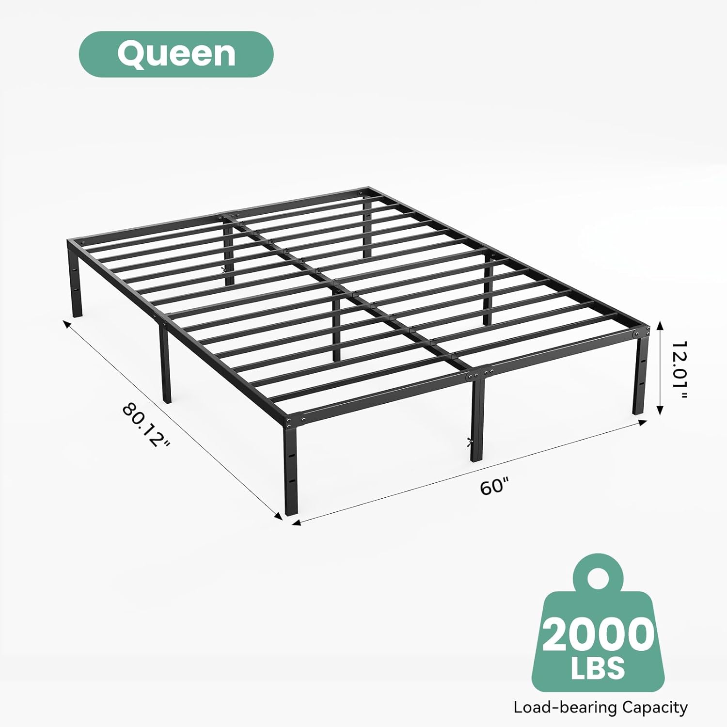 Queen Size 12 Inch Platform Bed Frame, Heavy Duty Metal Foundation Frame, Noise-Free Sturdy Steel Slats, Underbed Storage, No Box Spring Needed, Quick Setup