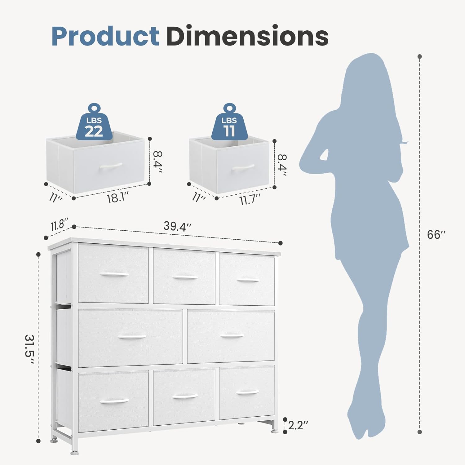 TV Stand, Dresser with 8 Fabric Drawers, Spacious Storage Tower for Closet, TV Stand with Wood Top and Mental Frame, Storage Unit for Living Rooms, Bedroom and Entryway, White