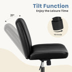 Criss Cross Legged Chair Wide Comfy Home Office Desk Seat, No Wheels Armless Computer Task Seating, Swivel Vanity Chair Height Adjustable for Makeup Bedroom, Leather Black
