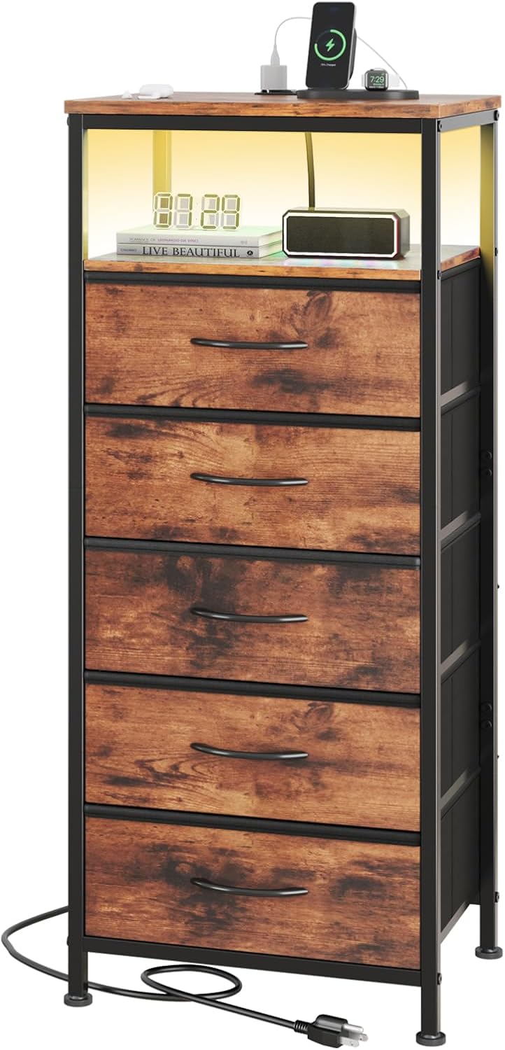 Nightstand with Charging Station, 3-Drawer Bedside Table with USB Ports & Type-C, Bedroom Night Stand with Fabric Drawers and Open Shelf, Tall Narrow End Table for Small Bedroom, Rustic Brown
