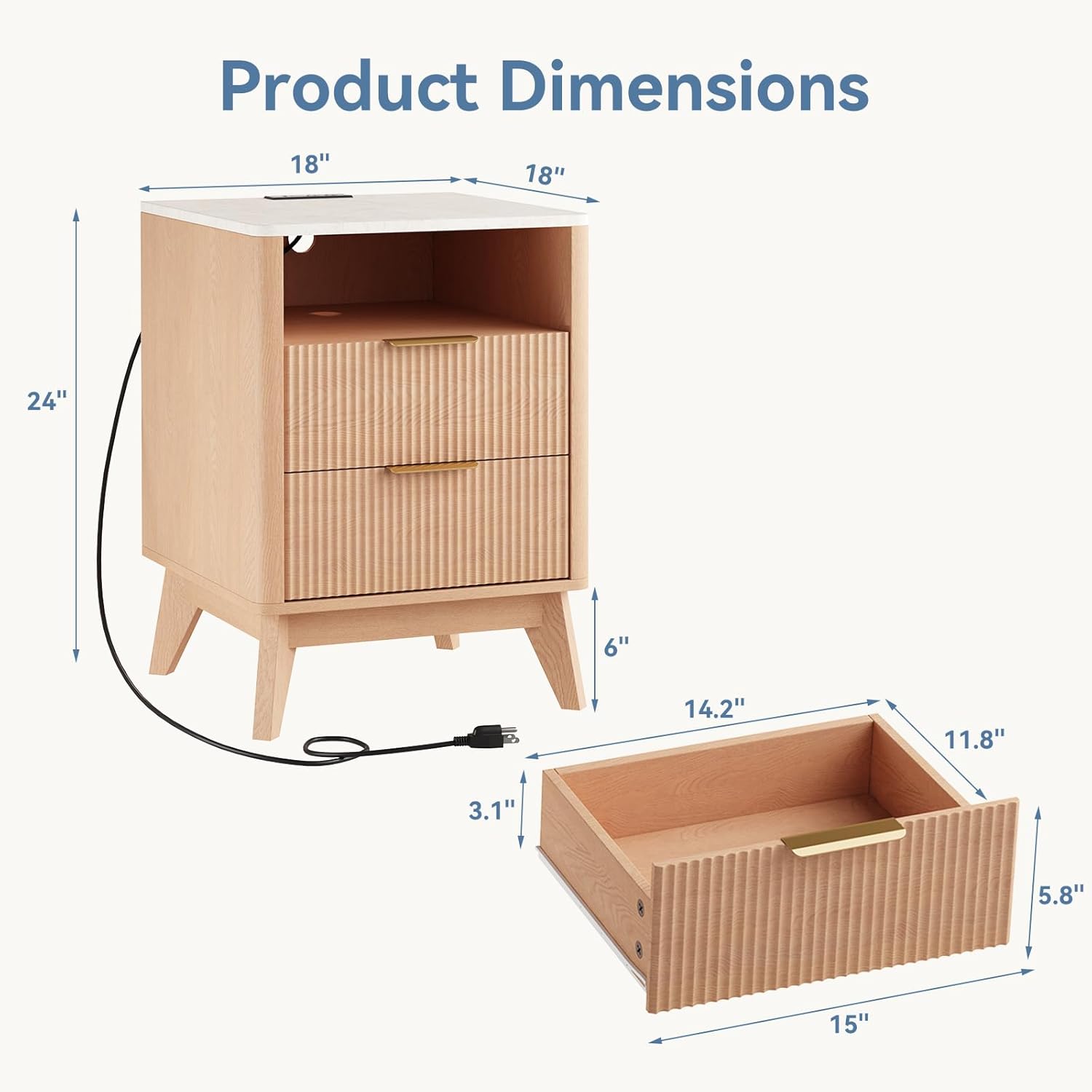 Night Stand Set of 2 with Charging Station, 18 Bedside Table with 2 Drawers, Modern Fluted Wood End Table with 2 AC Outlet 1 USB 1 Type-C, Mid Century Nightstand for Bedroom