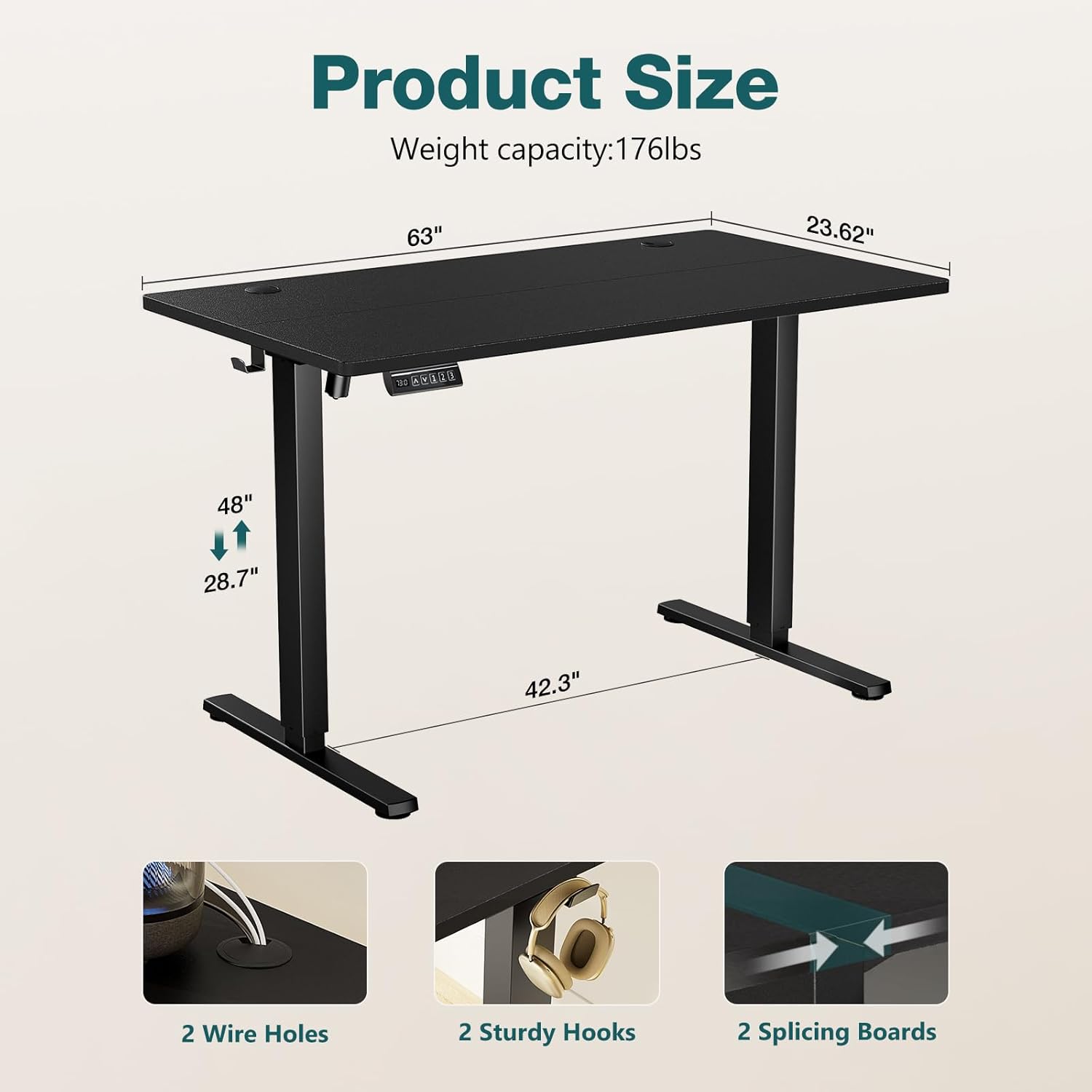 Electric Standing Desk Adjustable Height, 63x24 Inch Sit Stand Up Home Office Desks Memory Computer Workstation PC Work Table with Preset Splice Wood Board Metal Frame, Black
