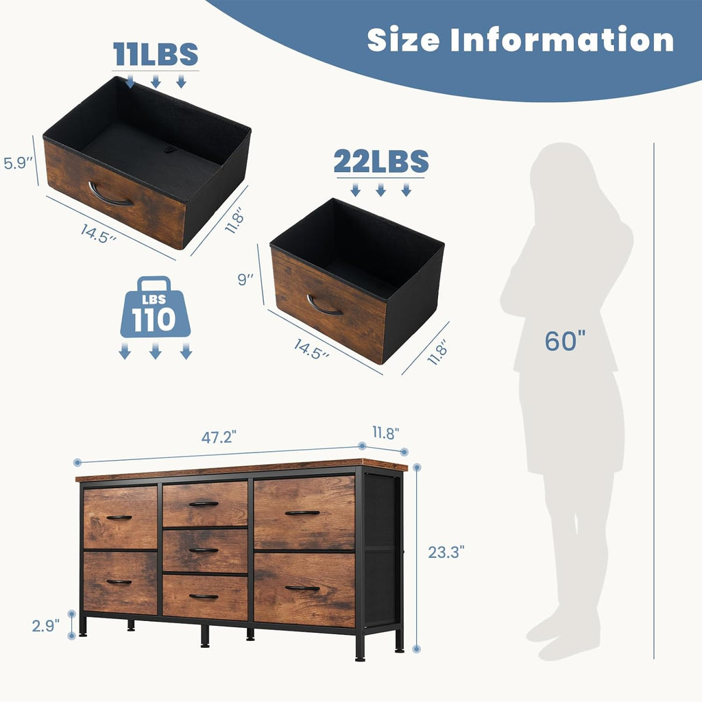 TV Stand 7 Drawer Dresser for Bedroom with Storage TV Stands for Living Room Grey, Farmhouse Entertainment Center Media Console Table with Metal Frame Adjustable Feet