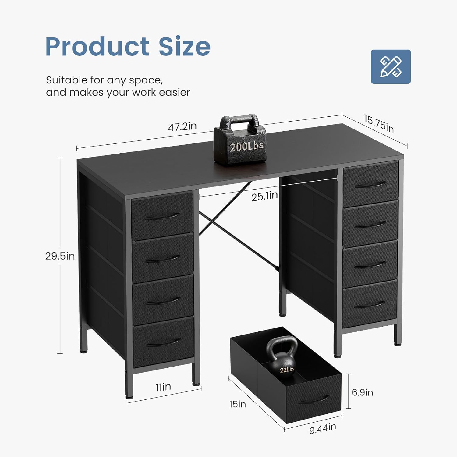 47 Inch Computer Desk with 8 Fabric Drawers, Office Gaming Desk with Storage, Writing Study Table with X-Shaped Reinforced Structure, Black