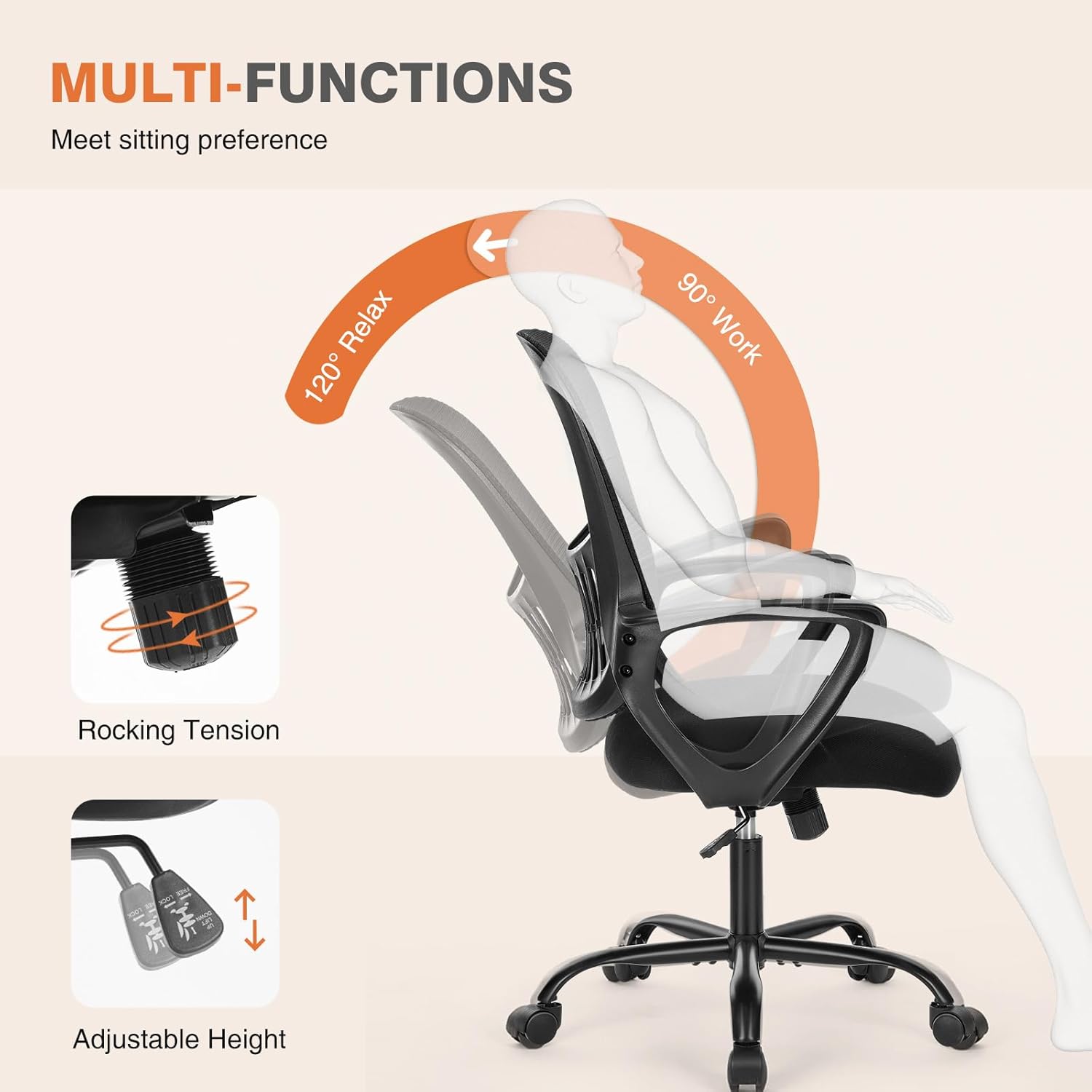 Home Office Managerial Executive Chair with Ergonomic Design, Mid-Back Mesh Swivel, Comfortable Lumbar Support, Comfy Arms for Bedroom,Study,Student, Black