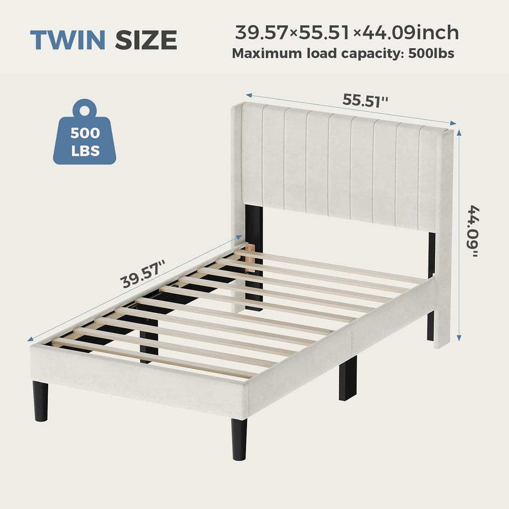 Twin Size Bed Frame with Modern Fabric Upholstered Wingback Headboard & Wooden Slats, 500lbs Capacity, No Box Spring Needed, Easy Assembly Upholstered Platform Bed, Beige