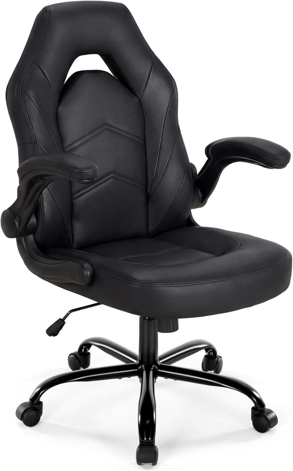 Ergonomic Computer Gaming Chair - Home Office Desk with PU Leather Lumbar Support, Height Adjustable Big and Tall Video Game with Flip-up Armrest, Swivel Wheels for Adults, White and Pink