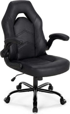 Ergonomic Computer Gaming Chair with Flip-up Armrest, Height Adjustable PU Leather Home Office Desk Chair with Lumbar Support Swivel Wheels and for Adults and Kids, Black and Gray
