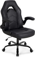 Ergonomic Computer Gaming Chair - Home Office Desk with PU Leather Lumbar Support, Height Adjustable Big and Tall Video Game with Flip-up Armrest, Swivel Wheels for Adults, Black