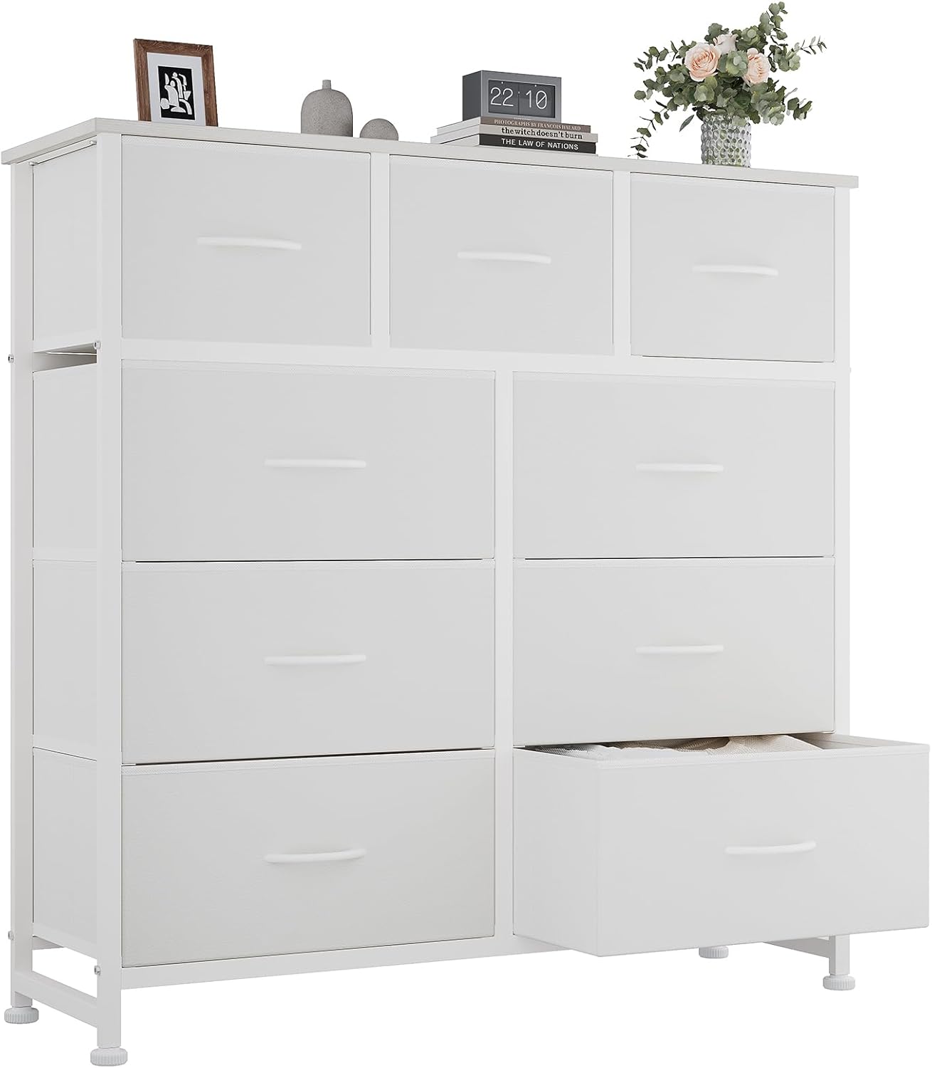 9 Drawer Storage Dresser with Wood Top - Wide Fabric Chest Organizer for Bedroom, Closet, Living Room,Tower Cabinet, TV Stand, Hallway Entryway Furniture,Bright White