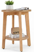 Small Round Side Table for Living Room, 2-Tier Wood End Table with Storage Shelf, 220 Lbs, Sturdy Bedside Nightstand with Non-Slip Pads, Easy Assembly, Natural Wood