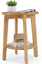 Small Round Side Table for Living Room, 2-Tier Wood End Table with Storage Shelf, 220 Lbs, Sturdy Bedside Nightstand with Non-Slip Pads, Easy Assembly, Natural Wood