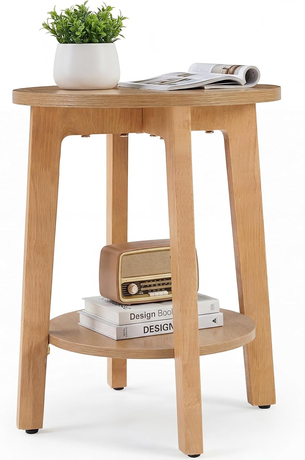 Small Round Side Table for Living Room, 2-Tier Wood End Table with Storage Shelf, 220 Lbs, Sturdy Bedside Nightstand with Non-Slip Pads, Easy Assembly, Natural Wood