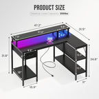 47?? Gaming Desk with USB Charging Ports & LED Lights, Reversible L Shaped Desks Computer Corner Gamer Table with Power Outlets Monitor Stand Storage Shelves for Home Office Small Space, Black
