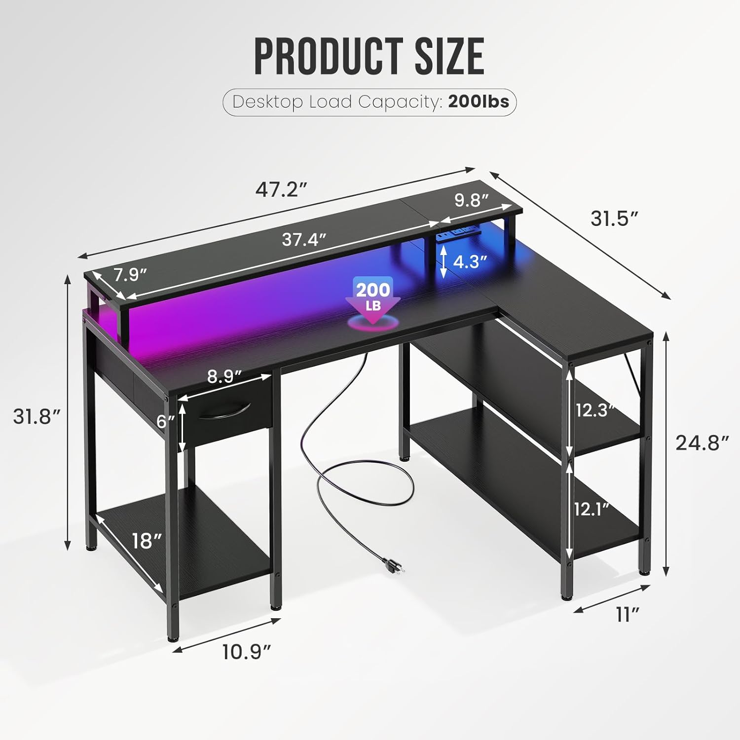 47?? Gaming Desk with USB Charging Ports & LED Lights, Reversible L Shaped Desks Computer Corner Gamer Table with Power Outlets Monitor Stand Storage Shelves for Home Office Small Space, Black