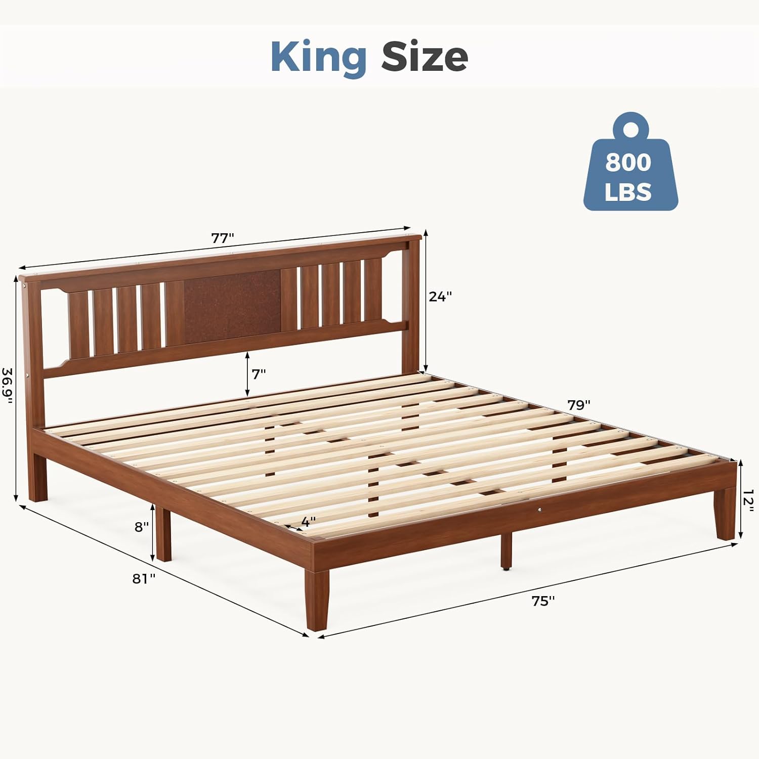 Twin Size Wood Bed Frame with Headboard, Solid Natural Wooden Platform Bed Base, Heavy Duty Slat Support Mattress Foundation, No Box Spring Needed, Low-Profile Design