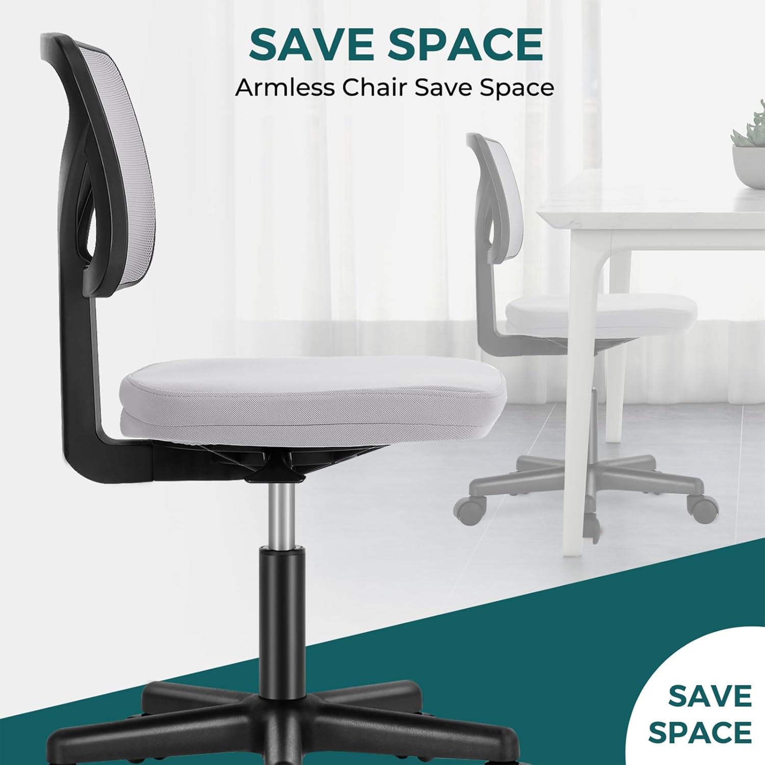 Small Office Chairs with Wheels, Ergonomic Adjustable Home Desk Swivel Rolling Task Chair No Arms, Comfy Mesh Mid Back Computer Work Vanity Desk Chairs for Small Spaces, New Grey
