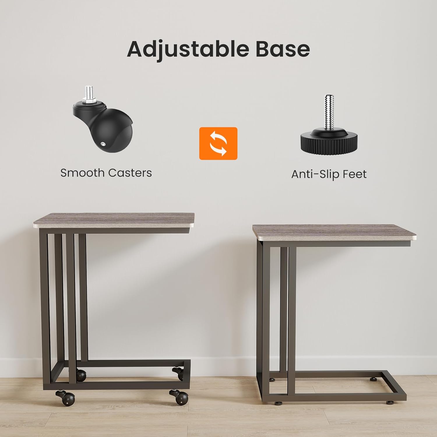 C Tables Counch That Slide Under Set of 2, Bed Side Table Tray Sofa Portable Rolling with Wheels Metal Frame, Wood Stand for Living Room Entryway Small Space Bedroom, Grey