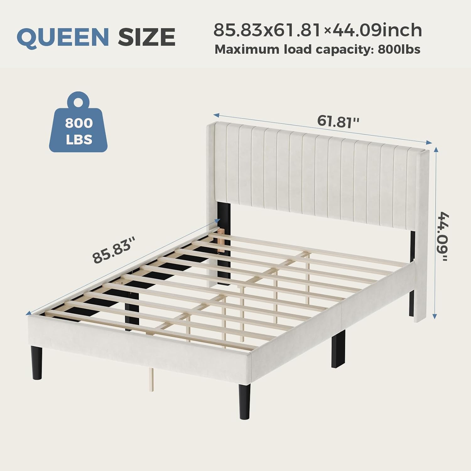 Queen Size Bed Frame with Modern Fabric Upholstered Wingback Headboard & Wooden Slats, 800lbs Capacity, No Box Spring Needed, Easy Assembly Upholstered Platform Bed, Beige