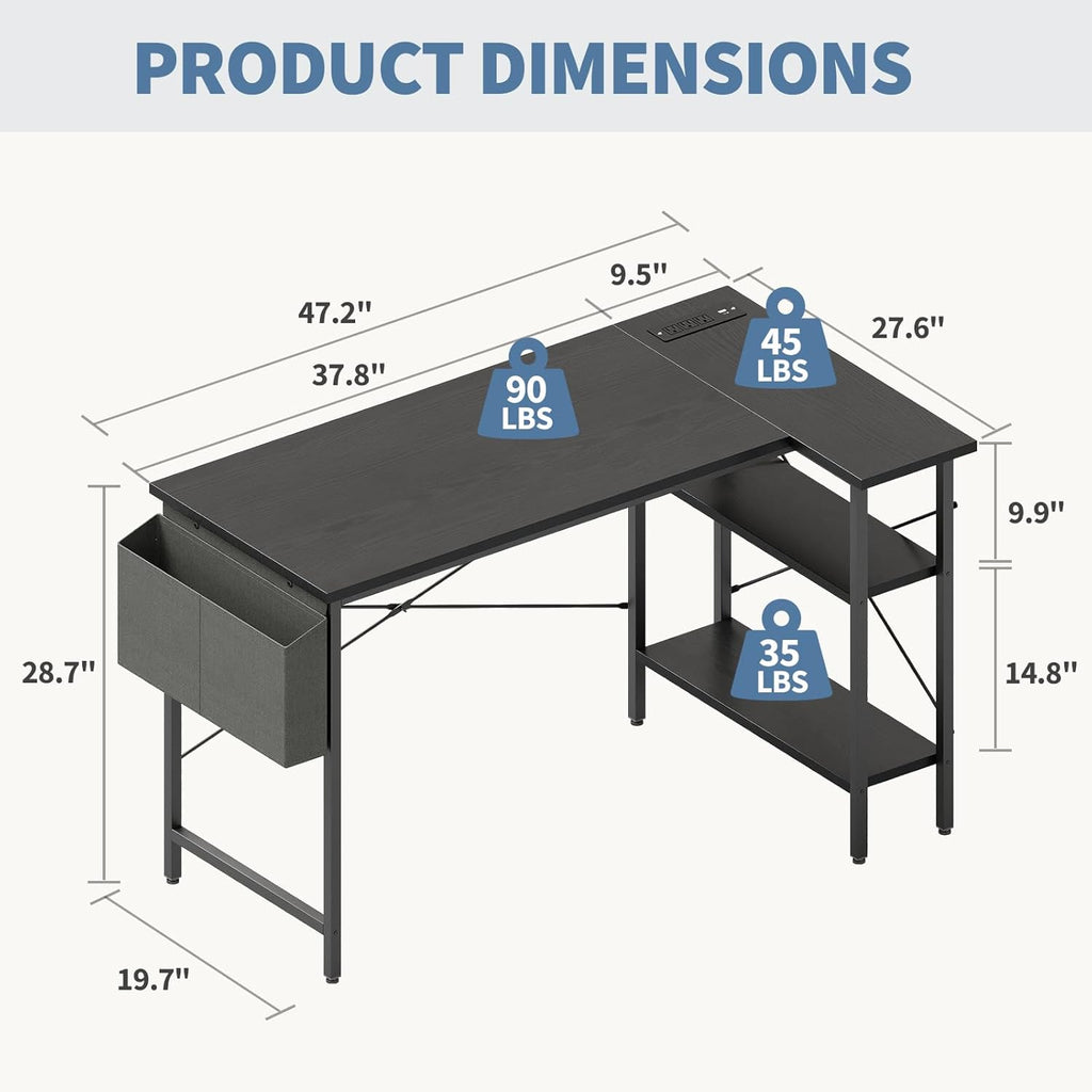 Corner Gaming Desk,39 L Shaped Computer Desk with 3AC+2USB+1Type-C Power Strip, Storage Shelves & Side Hanging Fabric Organizer, Black Gaming Workstation for Home Office and Bedroom