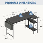 Corner Gaming Desk,39 L Shaped Computer Desk with 3AC+2USB+1Type-C Power Strip, Storage Shelves & Side Hanging Fabric Organizer, Black Gaming Workstation for Home Office and Bedroom