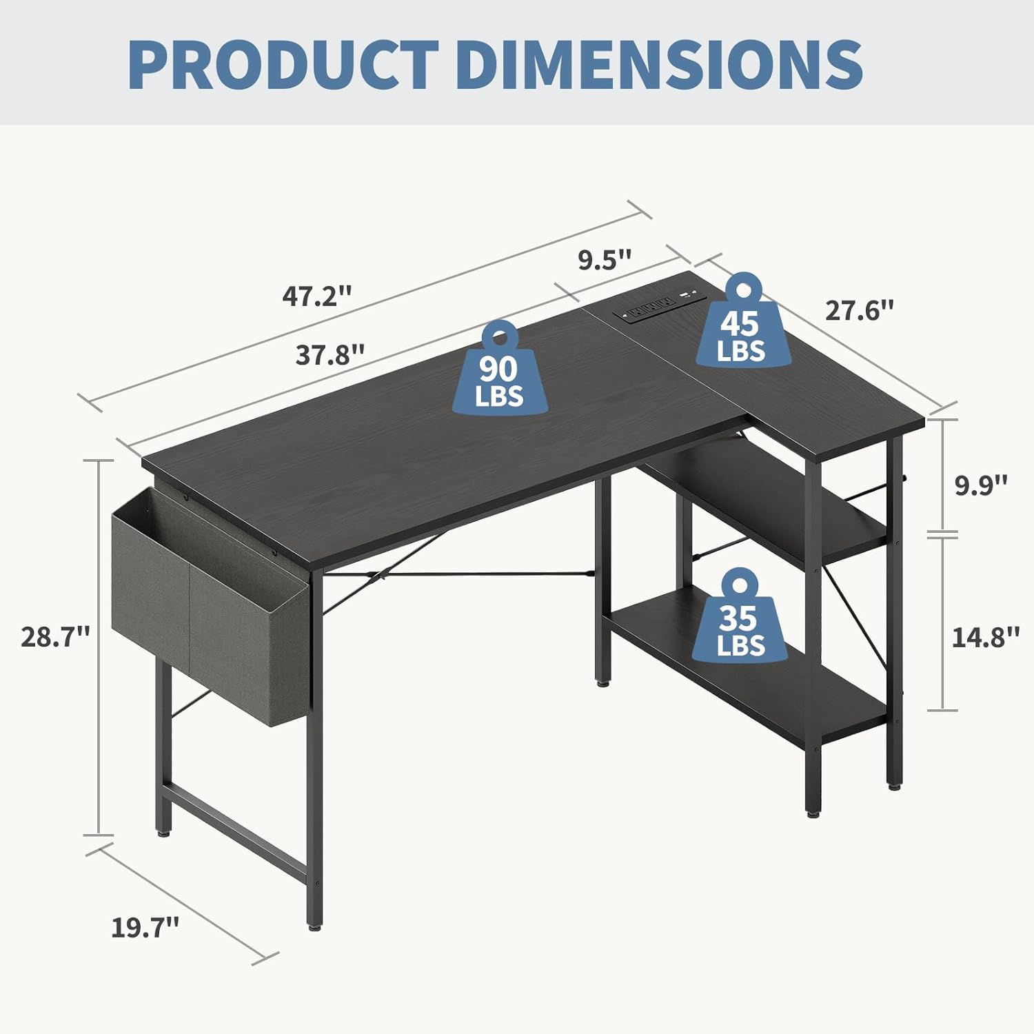 Corner Gaming Desk,39 L Shaped Computer Desk with 3AC+2USB+1Type-C Power Strip, Storage Shelves & Side Hanging Fabric Organizer, Black Gaming Workstation for Home Office and Bedroom