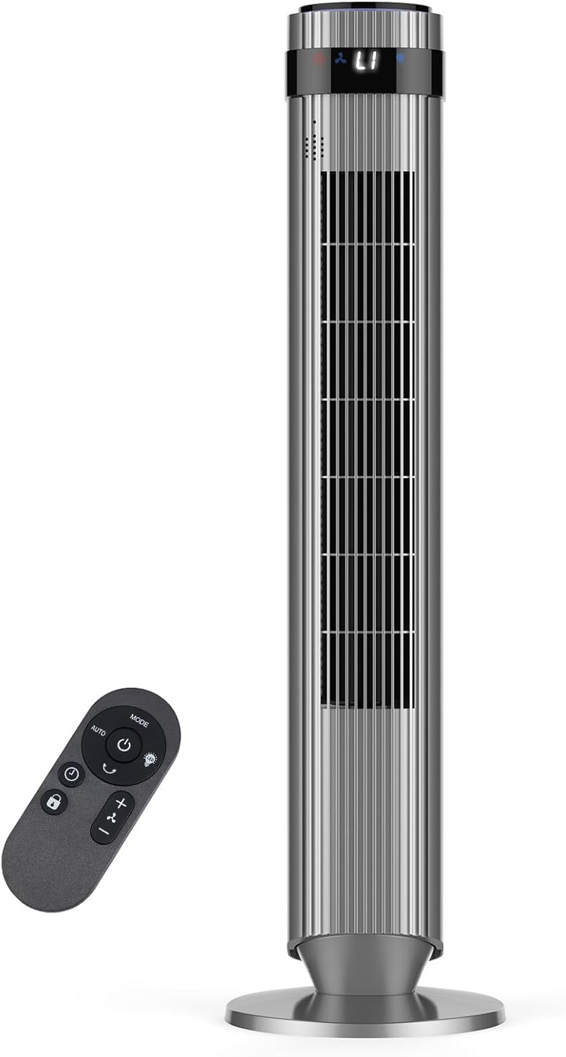 Tower Fan for Bedroom, 28dB Quiet Floor Standing Fan with Remote, 12H Timer, 5 Speeds, 4 Modes, LED Display, Portable Bladeless Oscillating Cooling Fan for Indoor, Home, Office - Silver