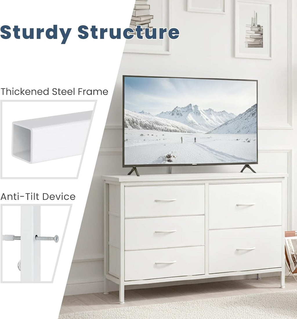 TV Stand for Bedroom with 5 Storage Drawers, Fabric Chest of Drawers with Metal Frame, Living Room Storage Organizers Units for Books, TV Stand and Hallway, Modern Black