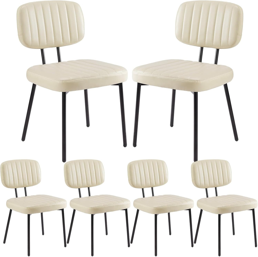 Dining Chairs Set of 6, Upholstered Mid-Century PU Leather Accent Chair with Backrest and Metal Legs for Kitchen, Living Room,Beige White