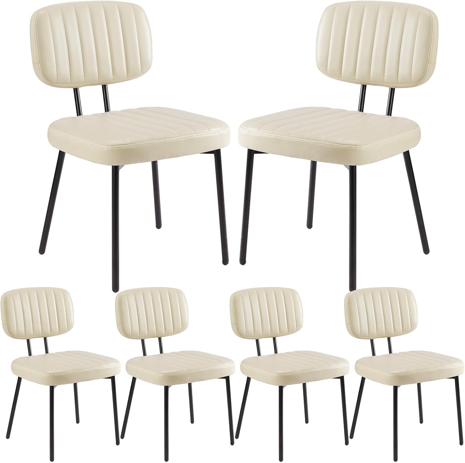 Dining Chairs Set of 6, Upholstered Mid-Century PU Leather Accent Chair with Backrest and Metal Legs for Kitchen, Living Room,Beige White