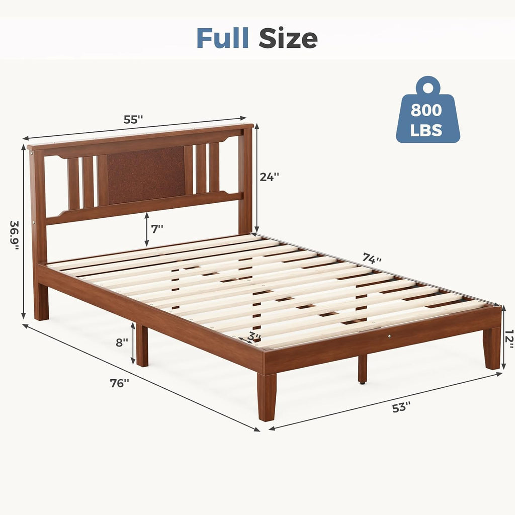 Full Size Wood Bed Frame with Headboard, Solid Natural Wooden Platform Bed Base, Heavy Duty Slat Support Mattress Foundation, No Box Spring Needed, Low-Profile Design