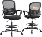 Drafting Chair - Counter Height Adjustable Tall Office Desk Chair with Fixed Armrests and Comfortable Lumbar Support for Standing Desk, Deep Black