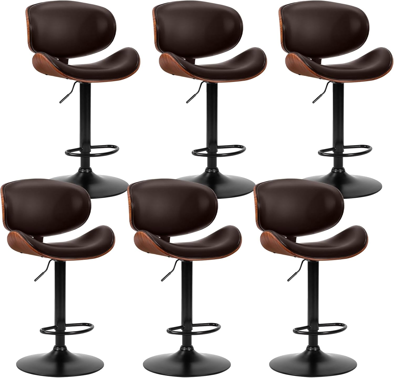 Swivel Bar Stools Set of 2, Adjustable Counter Height Bentwood BarStools, PU Leather Upholstery Bar Chair with Ergonomic Back and Footrest, Counter Stools for Bar, Home Kitchen Island, Brown