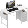39 Computer Desk with Storage, Small Home Office Desk with 3 Fabric Drawers & Side Pocket, Space Saving Writing Desk for Apartment, Dorm, Gaming Workstation, White