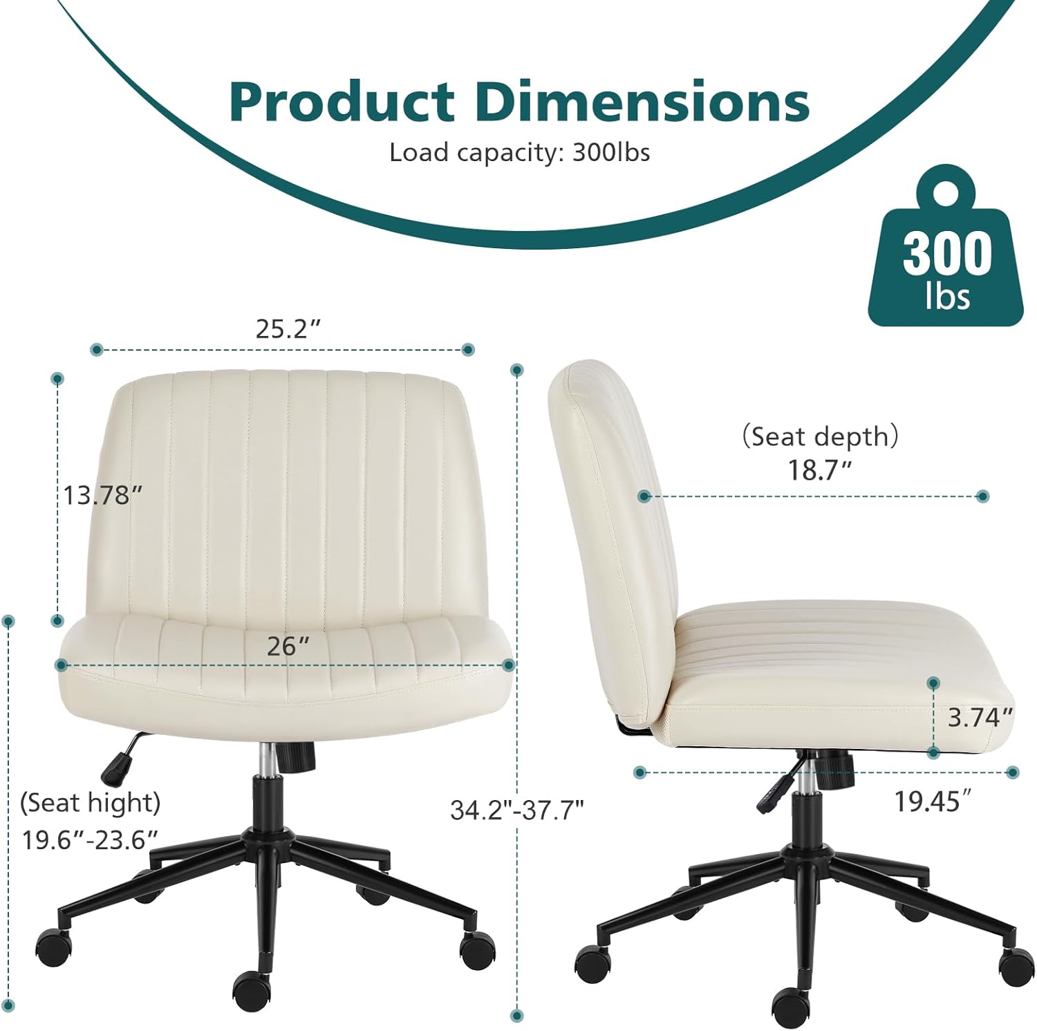 Criss Cross Legged Chairs Armless with Wheels Wide Seat Height Adjustable Swivel Padded PU Leather Home Office Desk Seating for Bedroom, Student, Study Room