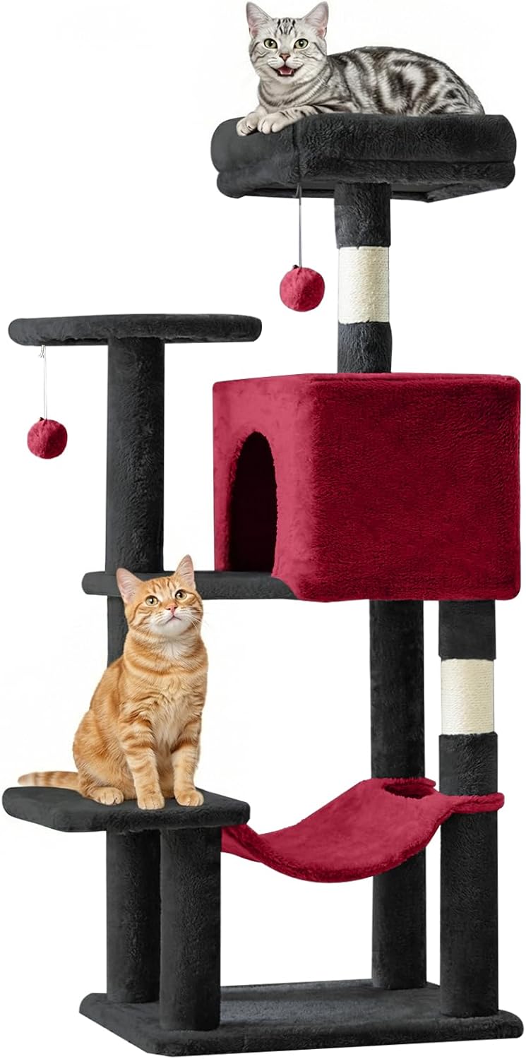 Small 44 Inch Cat Tree Tower, Cat Climbing Tower with Natural Sisal Scratching Posts, Hammock, Pet Condo for Indoor Cats and Kittens Play, Dark Grey
