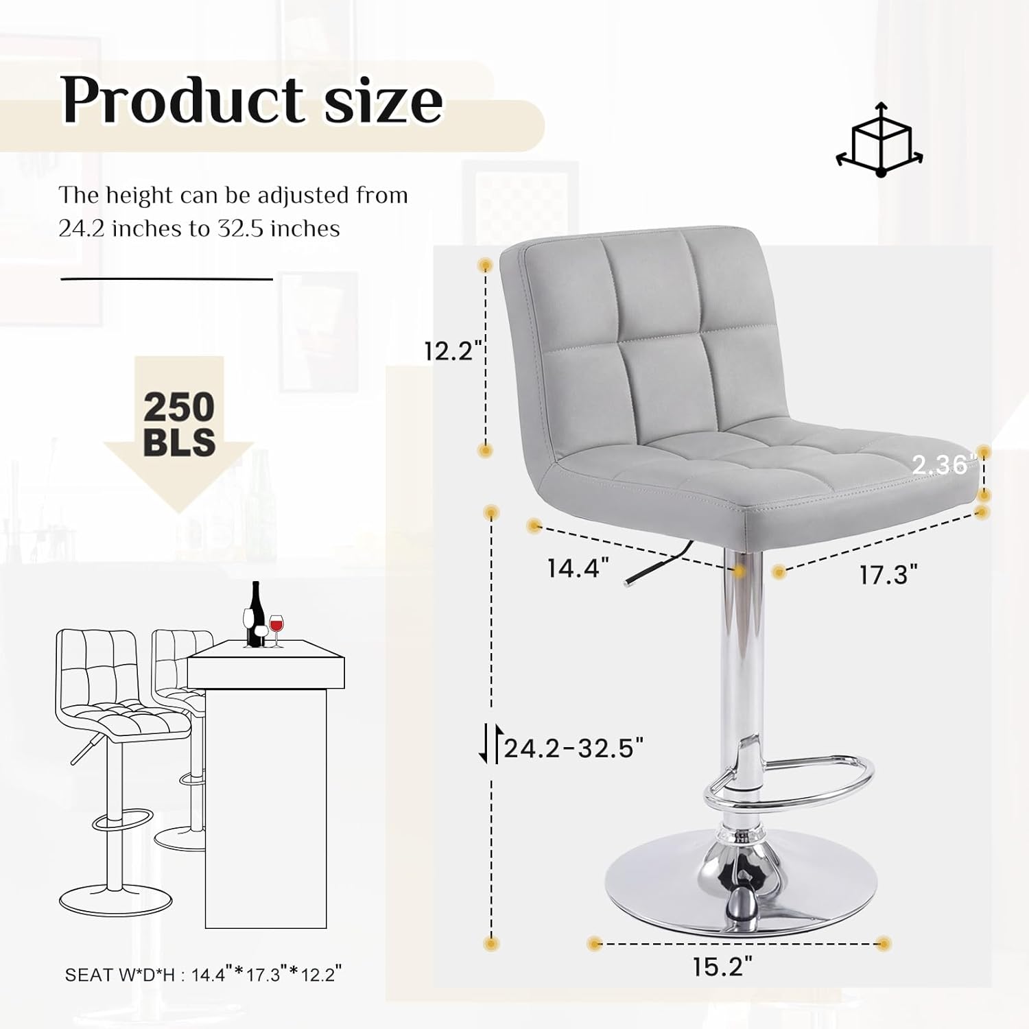Bar Stools Set of 2, 24 inch Counter Height Bar Stools, Upholstered Modern Kitchen Barstools with Metal Base, PU Leather Saddle Stools for Kitchen Island, Grey