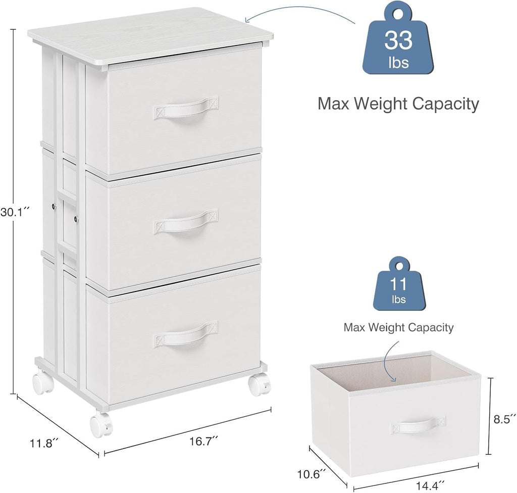 3 Drawer Fabric Dresser with Wheels, Storage Cabinet Organizer with Removable Drawers, Rolling Chest with Steel Frame for Bedroom, Closet, Living Room, Entryway, White
